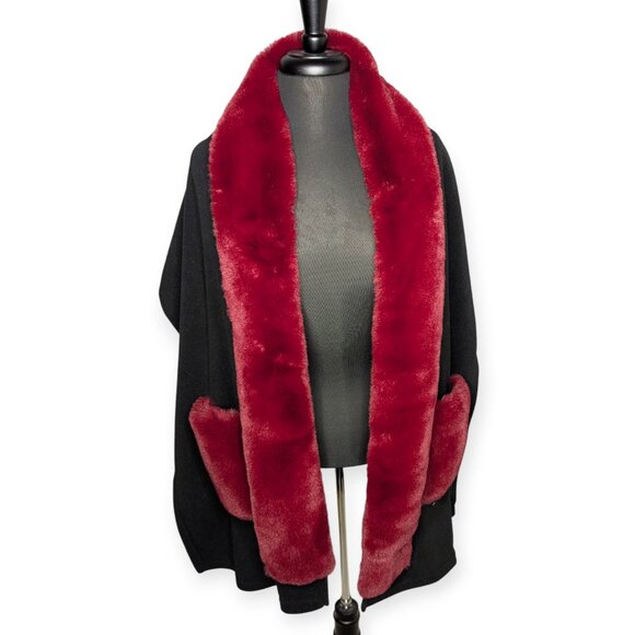 Jessica McClintock Black & Maroon Faux Fur Trim Wrap/Shawl w/Pockets One Size - Picture 1 of 12